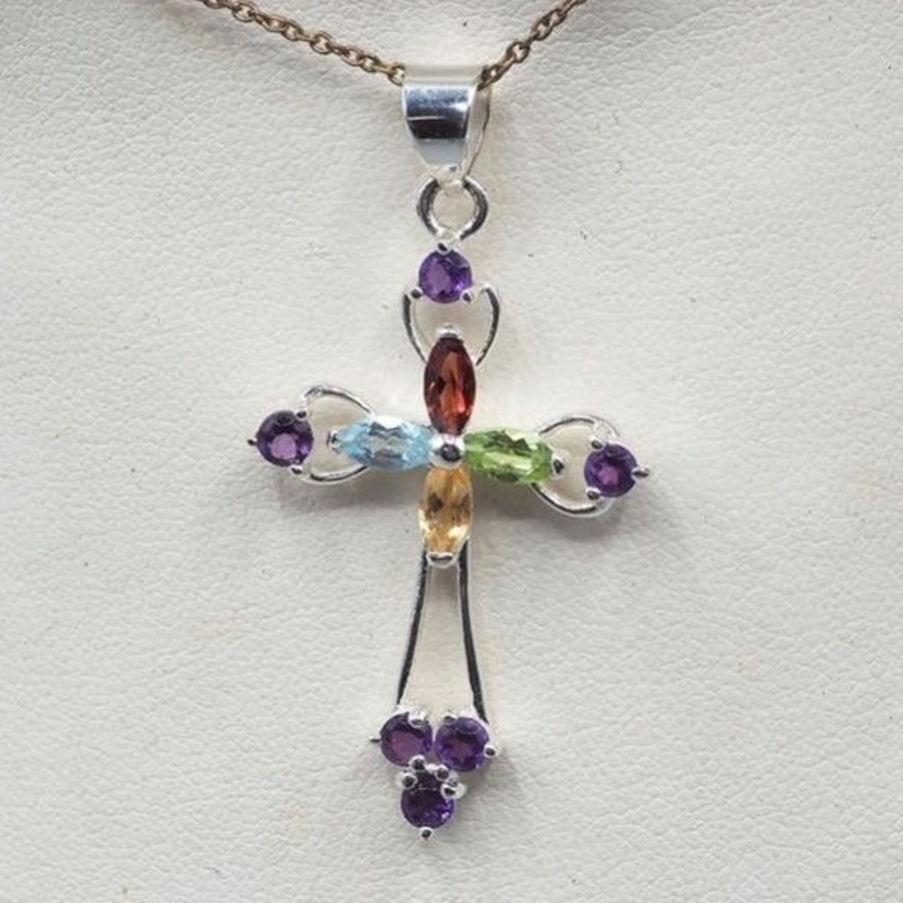 Vintage Sterling Silver Multi Gemstone Cross Crucifix Pendant Necklace .925 4.5g